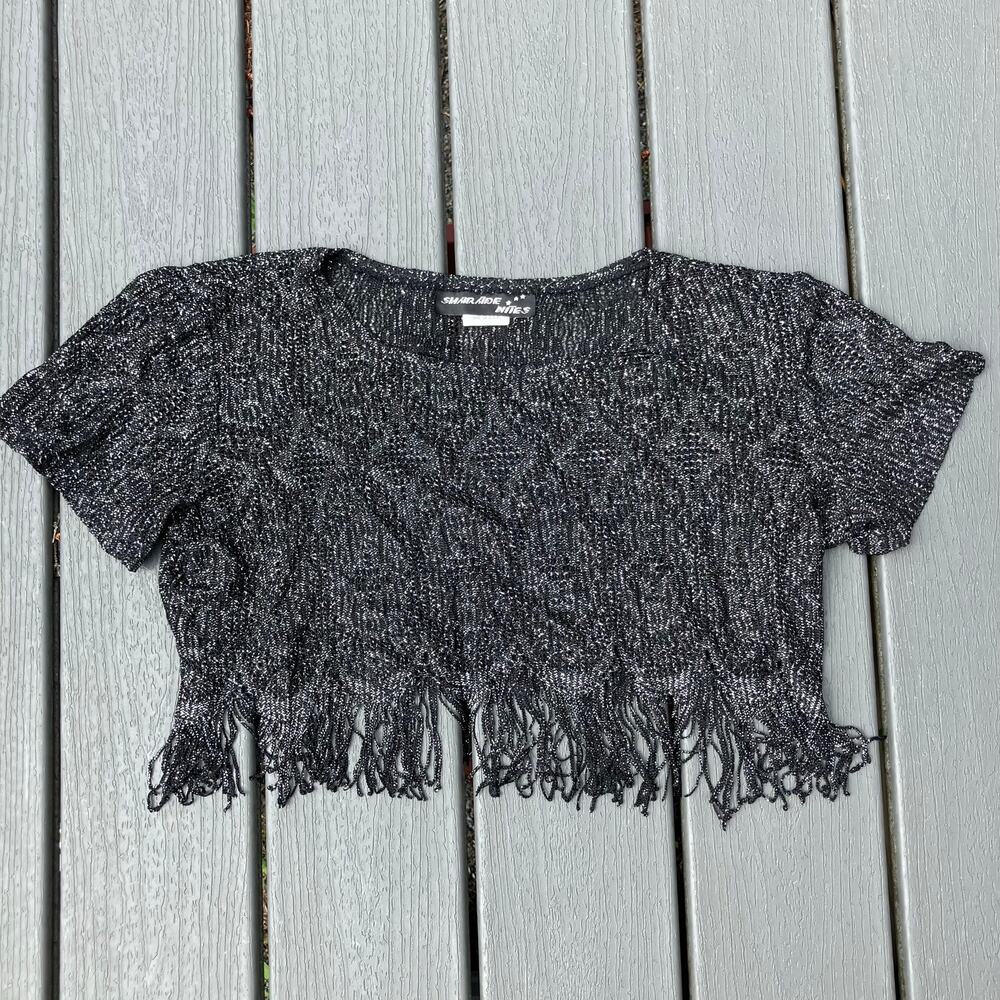 Vintage 80s 90s black sparkly crochet fringe crop top, night out party